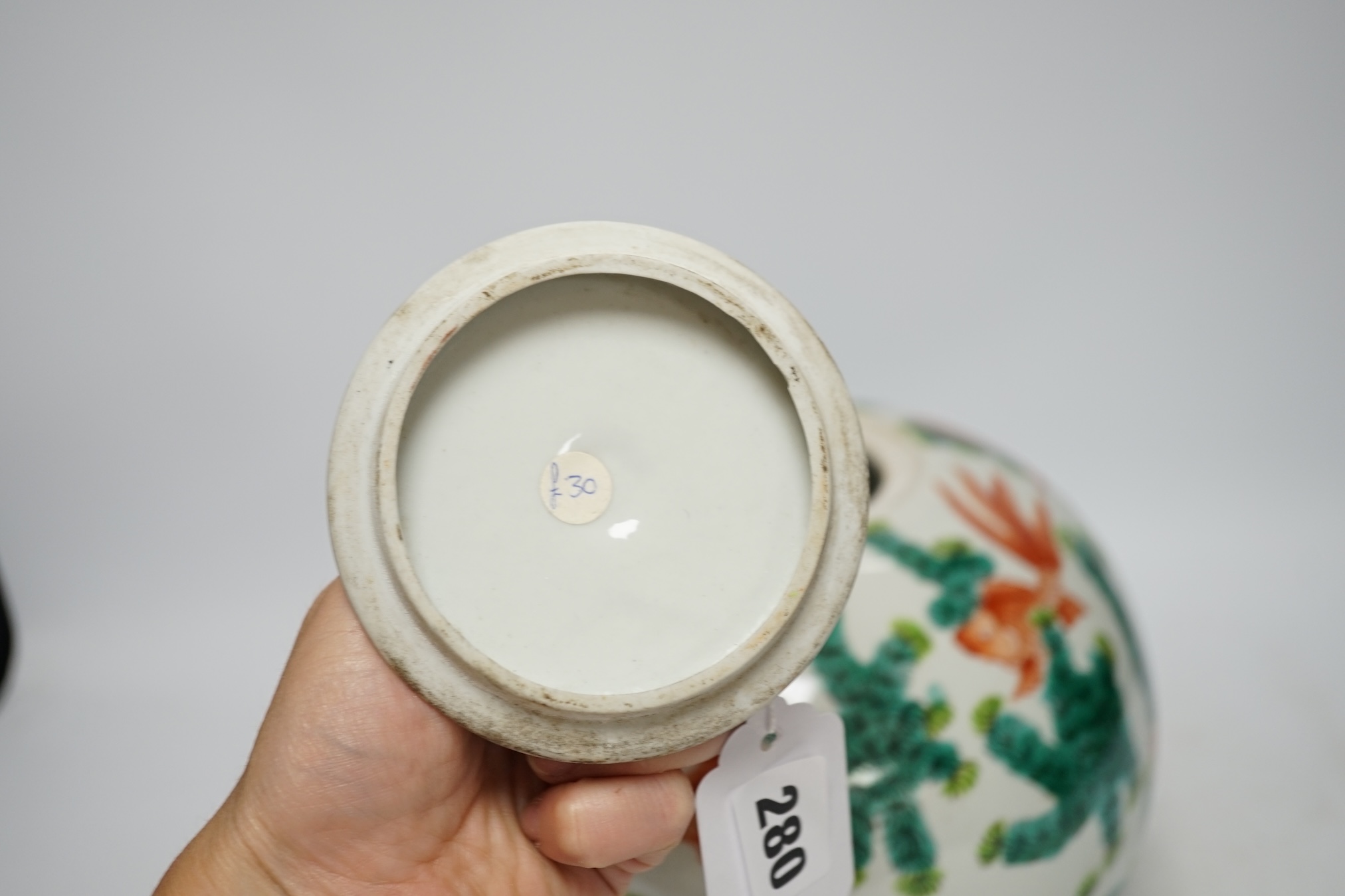 From the Studio of Fred Cuming. A Chinese famille verte goldfish jar and cover, 23cm high. Condition - good